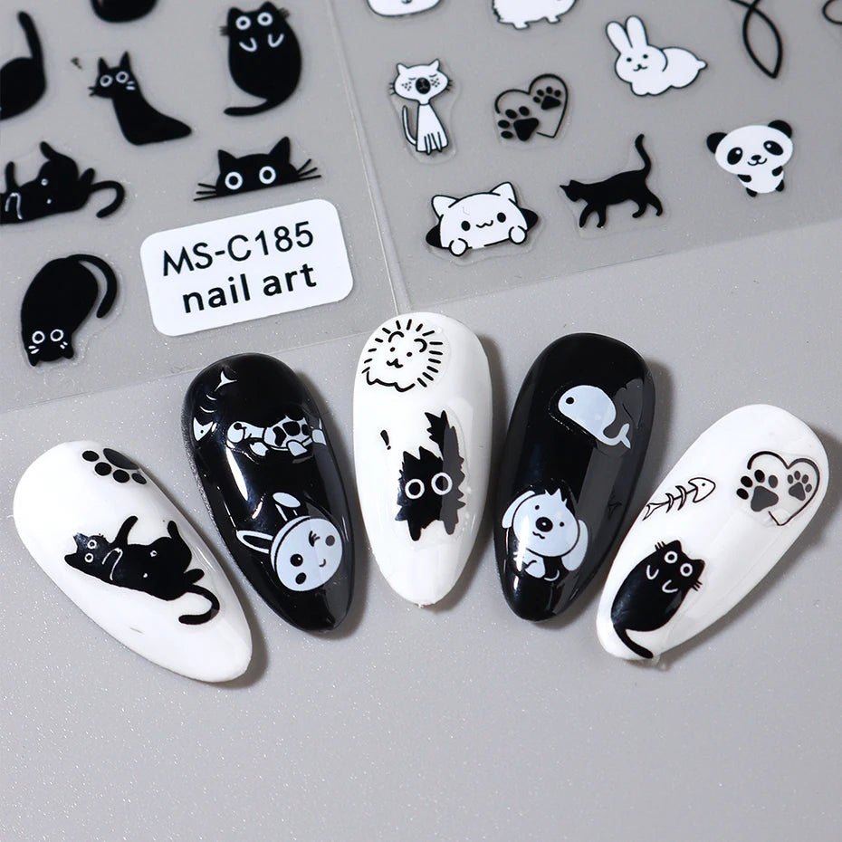 2pcs Black Cat Nail Stickers 3D Cute Cartoon Animal 3D Self-Adhesive Nail Art Decals Sliders Decorations Manicure Accessories