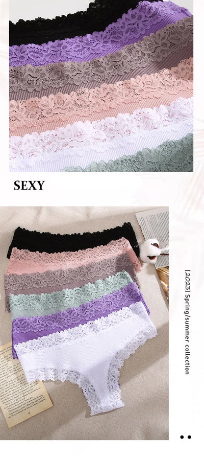 3PCS Lace Seamless Cotton Panties Ribbed Brazilian Pants Low Waist Women Panties Breathable Girls Underwear Plus Size Lingerie