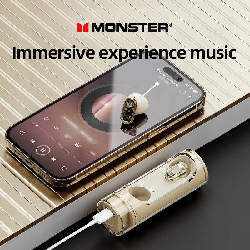 Original Monster V5.3 Wireless Bluetooth Headset XKT13 HIFI Sound Earphones Long Standby Earbuds Rotating Transparent Shell New