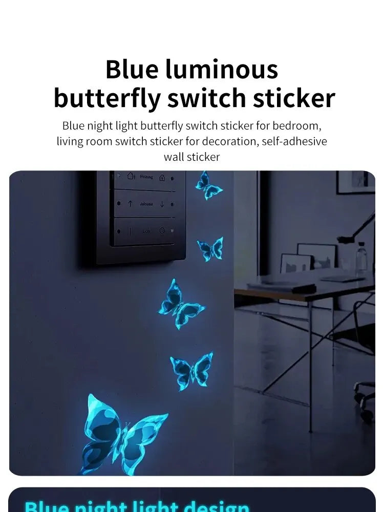 6PC Blue Luminous Small Butterfly Switch Stickers Bedroom Living Room Switch Stickers Decoration