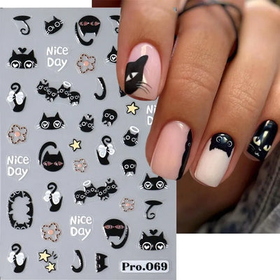 2pcs Black Cat Nail Stickers 3D Cute Cartoon Animal 3D Self-Adhesive Nail Art Decals Sliders Decorations Manicure Accessories