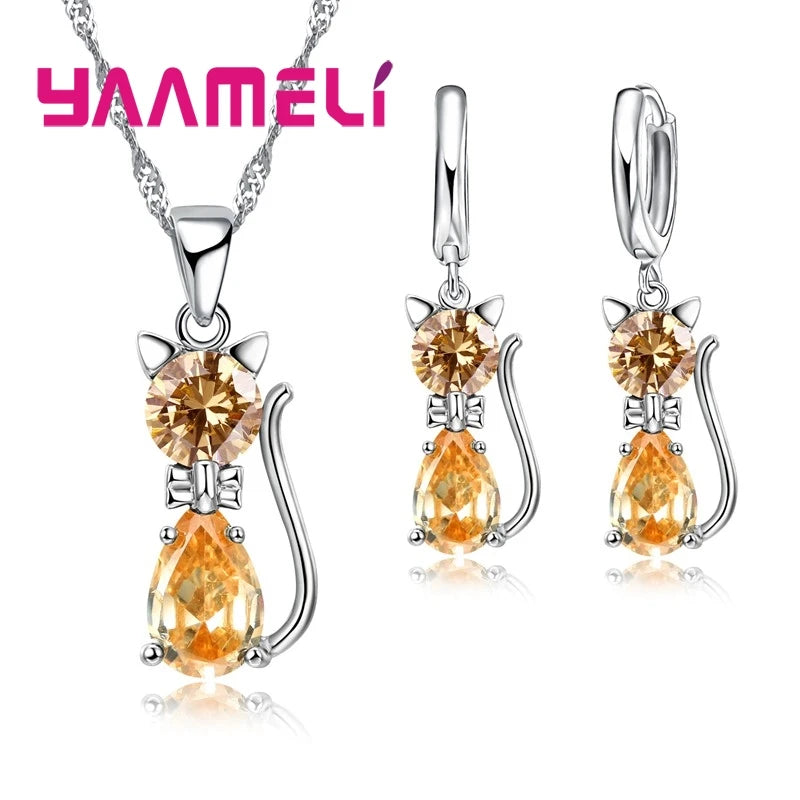 Real 925 Sterling Silver Color Jewelry Sets for Woman Girls Shining Austrian Crystal Cute Cat Pendant Necklace Huggie Earring