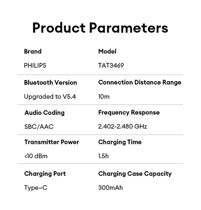 سماعات أذن ستيريو TAT3469 لاسلكية أصلية من Philips بتقنية البلوتوث V5.4 مقاومة للماء وسماعات أذن رياضية طويلة الأمد للألعاب