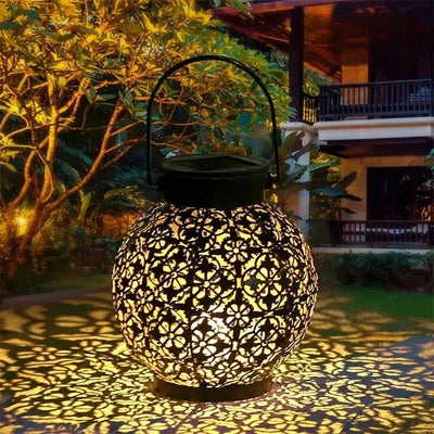 LED Solar Lantern Light Hollow Wrought Iron Projection Light Hanging Lamps Outdoor Waterproof Yard Garden Art Decoration