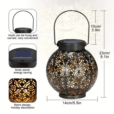 Outdoor Garden Landscape Decoration Solar Lights LED Metal Waterproof round Lantern Lights Hanging Hollow Projection Lights