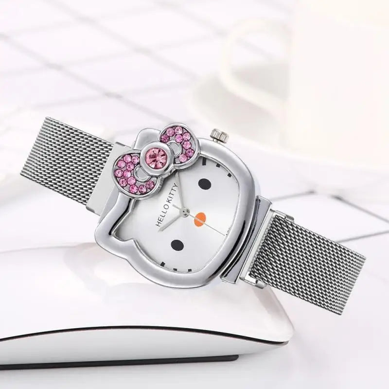 Hello Kitty Diamond  Watch Cat Bow Kawaii Pink Ladies Gold Sliver Metal Jewelry Cartoon Magnetic Watch Girlfriend Birthday