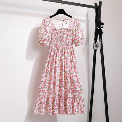 Summer Pleated Women Chiffon Dresses Casual Beach Holiday Short Sleeve Square Collar Woman Midi Dress Bohemian Mujer Vestidos