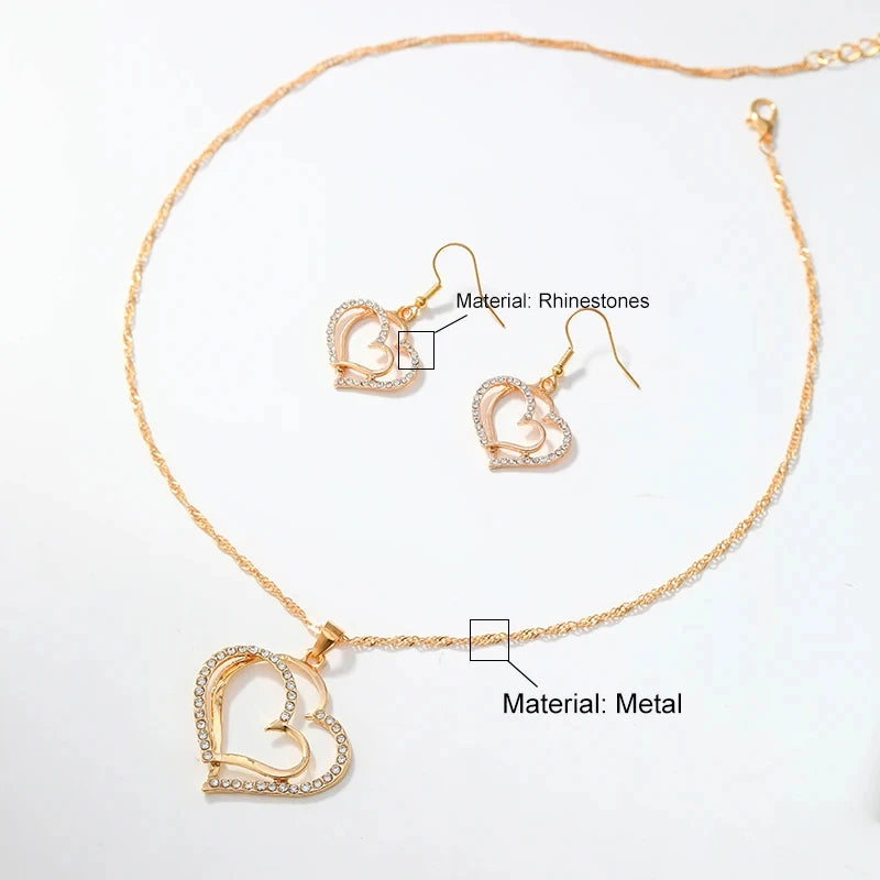 مجموعة مجوهرات مكونة من 3 قطع على شكل قلب من الأقراط والقلادات للنساء مجموعة مجوهرات رائعة على شكل قلب مزدوج مرصعة بأحجار الراين