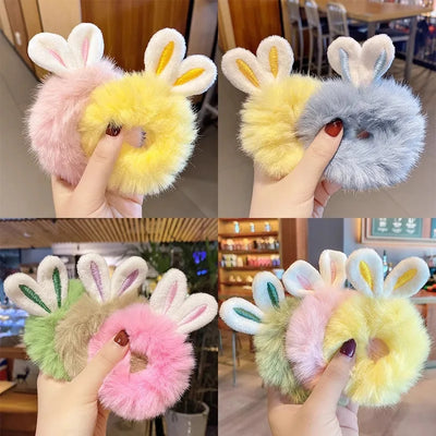 4 Pc Cute Plush Rabbit Ears Scrunchies Hair Ties Fluffy Ponytail Holder Hair Elastics Scrunchy Spiral Hair Ring Hair Accessory