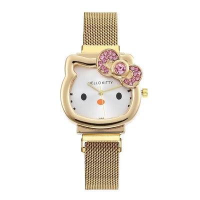 Hello Kitty Diamond  Watch Cat Bow Kawaii Pink Ladies Gold Sliver Metal Jewelry Cartoon Magnetic Watch Girlfriend Birthday