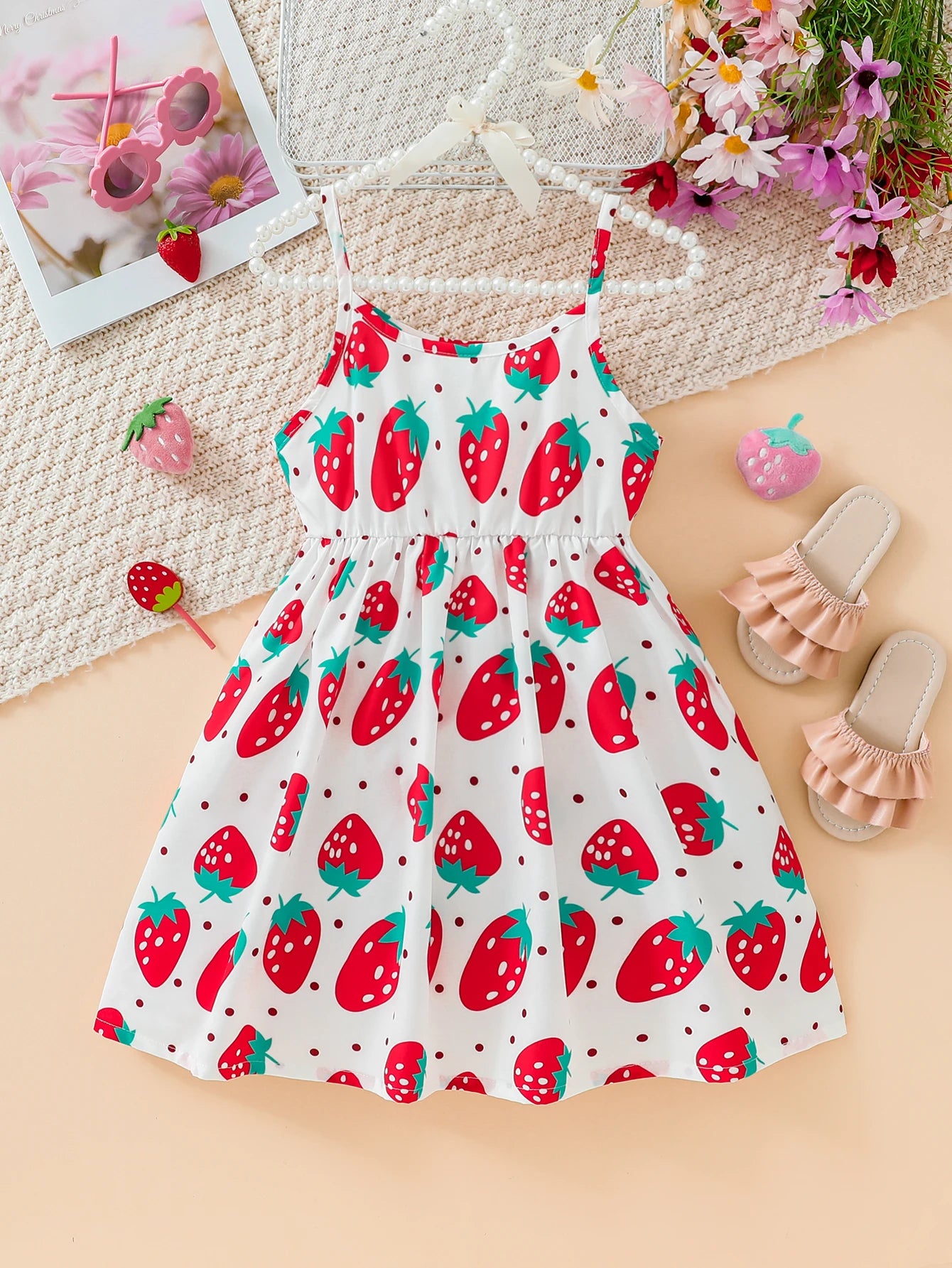 Children's Clothing Girl's Sling Strawberry Print Pattern Dress Sweet And Cute Summer Casual Dress for Girls Aged 3-7 Years