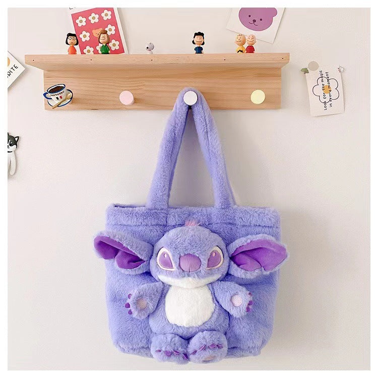 Disney 2024 New Cartoon Plush Doll Shoulder Bag Sweet and Cute Stitch Strawberry Bear Soft Cute Girls Handbag