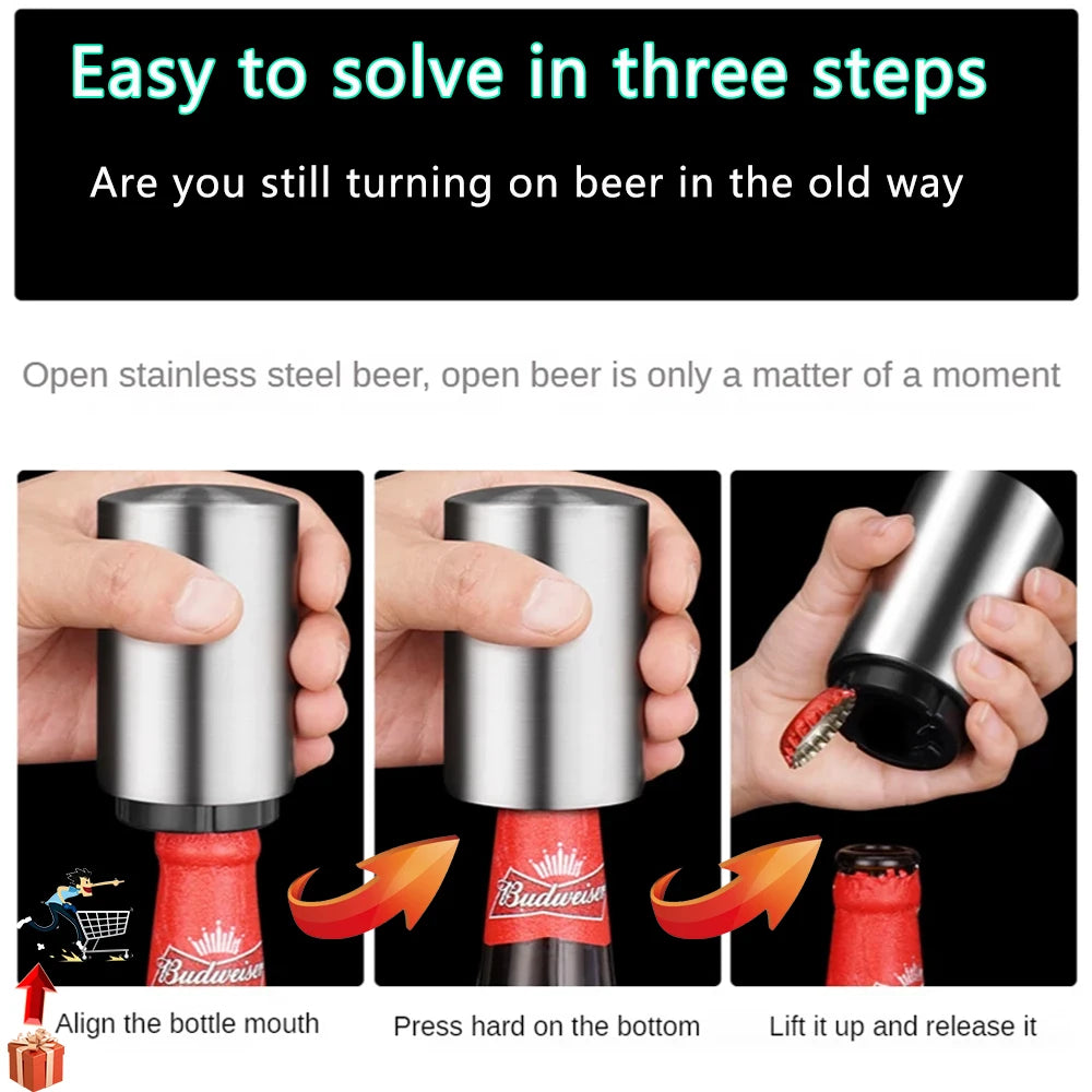 1/2Pcs Automatic Beer Bottle Opener Magnet Beer Opener Stainless Steel Push Down Opener Wine Soda Cap Opener Kitchen Accessory