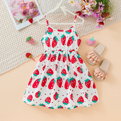 Children's Clothing Girl's Sling Strawberry Print Pattern Dress Sweet And Cute Summer Casual Dress for Girls Aged 3-7 Years