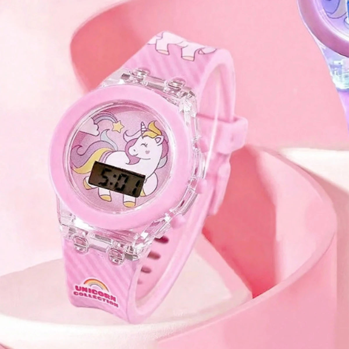 1pcs Jelly Candy Cartoon Unicorn Digital Pointer Quartz Light Girl Watch 1pcs White Rabbit Grass Jewelry Set