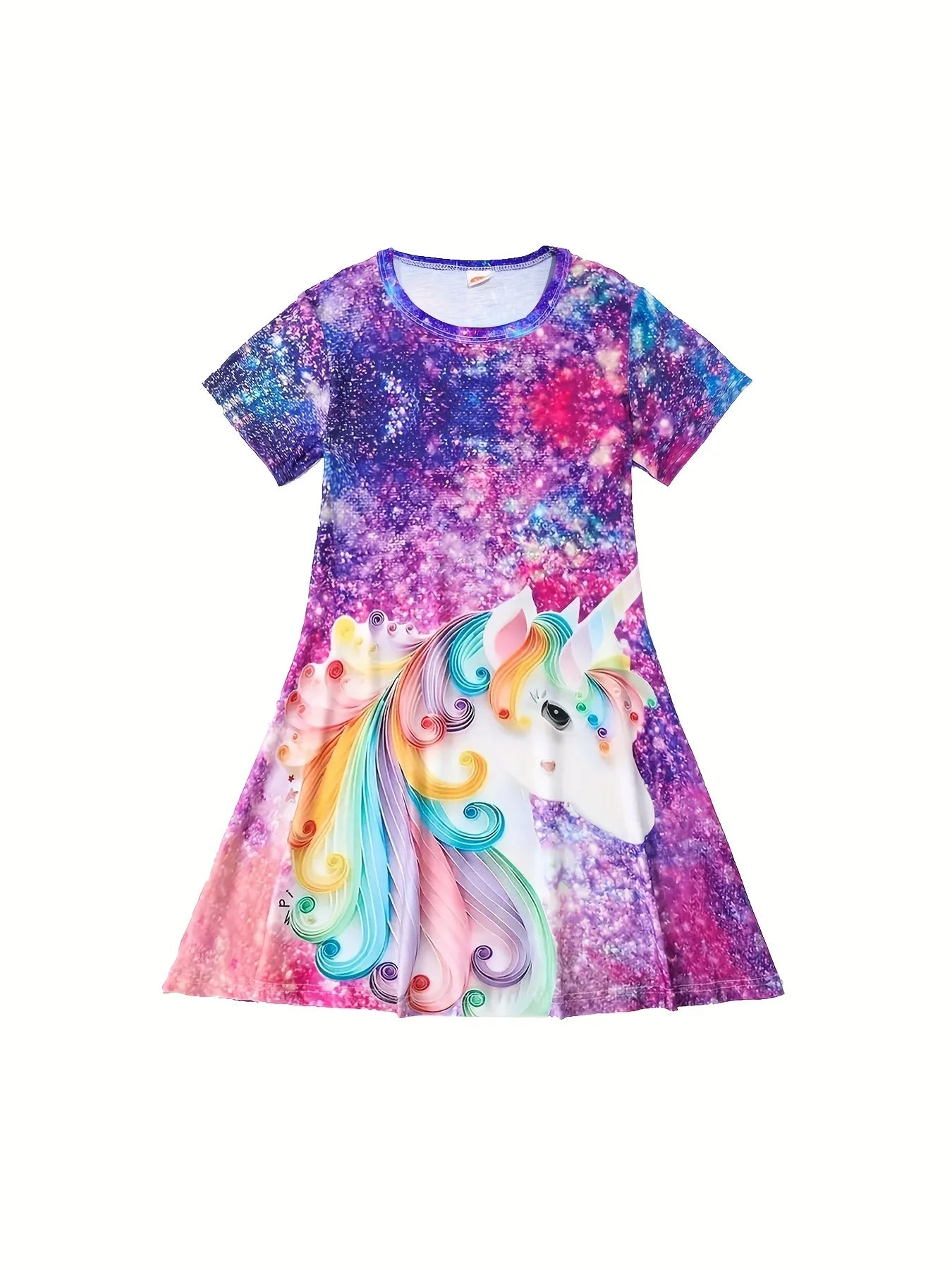 Girls Starry Unicorn Digital Print Round Neck Short Sleeve Party Casual Dress