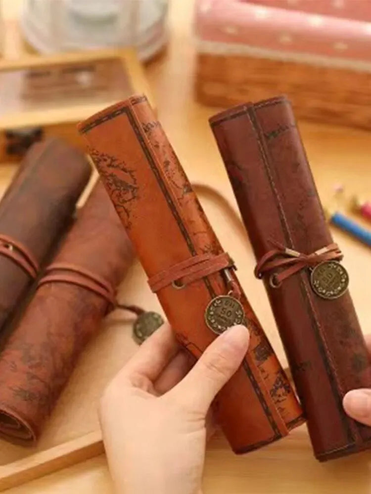 1PC Creative Treasure Map Retro Pencil Case Leather Large Capacity Roll Pencil Bag Embossed Buckle Simple Stationery Box Roll Po