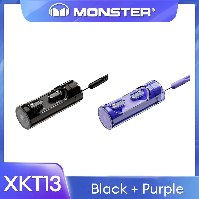 Original Monster V5.3 Wireless Bluetooth Headset XKT13 HIFI Sound Earphones Long Standby Earbuds Rotating Transparent Shell New