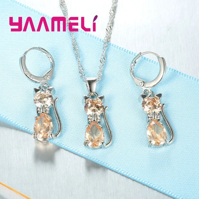 Real 925 Sterling Silver Color Jewelry Sets for Woman Girls Shining Austrian Crystal Cute Cat Pendant Necklace Huggie Earring