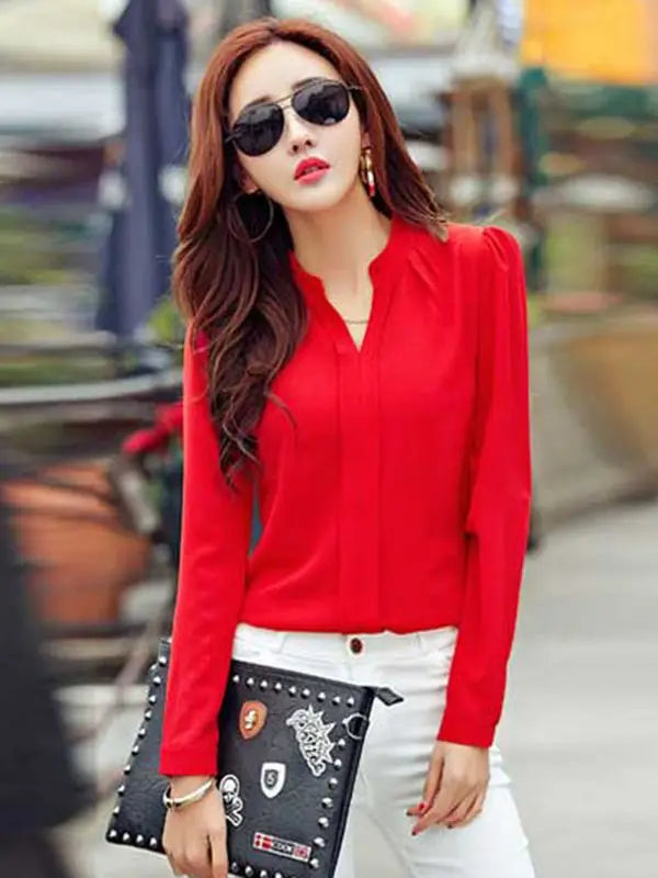 Long Sleeve Shirt Women Autumn Clothing Fashion Slim Chiffon Blouse V Neck Korean Elegant Ladies Office Shirts White Red DF2324