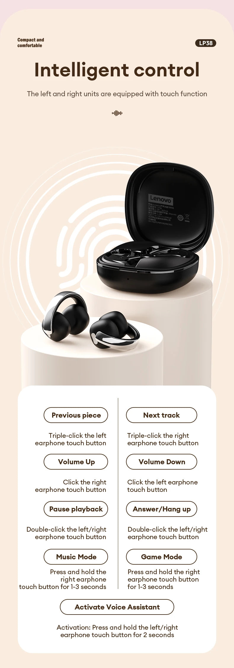 New Original Lenovo LP38 OWS Wireless Bluetooth V5.4 Earphones Ear Clip Smart Low Latency Gaming Earbuds HD Call Touch Headset