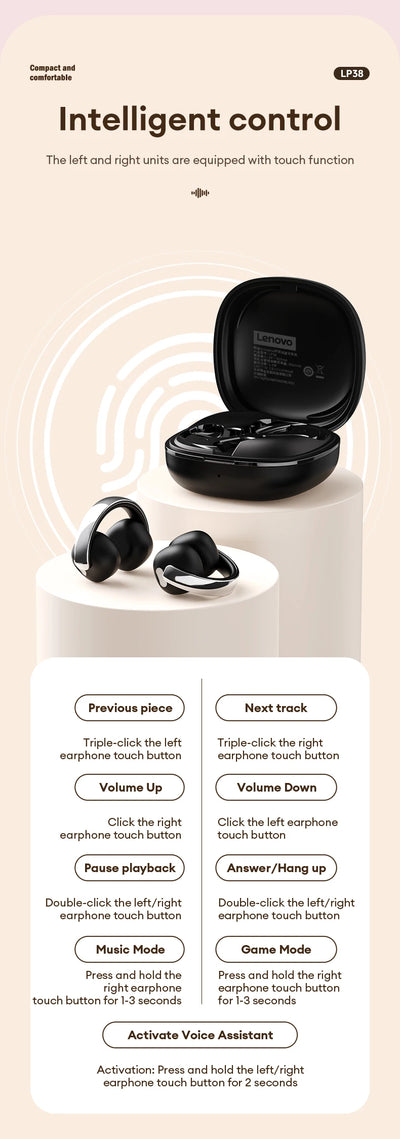 New Original Lenovo LP38 OWS Wireless Bluetooth V5.4 Earphones Ear Clip Smart Low Latency Gaming Earbuds HD Call Touch Headset