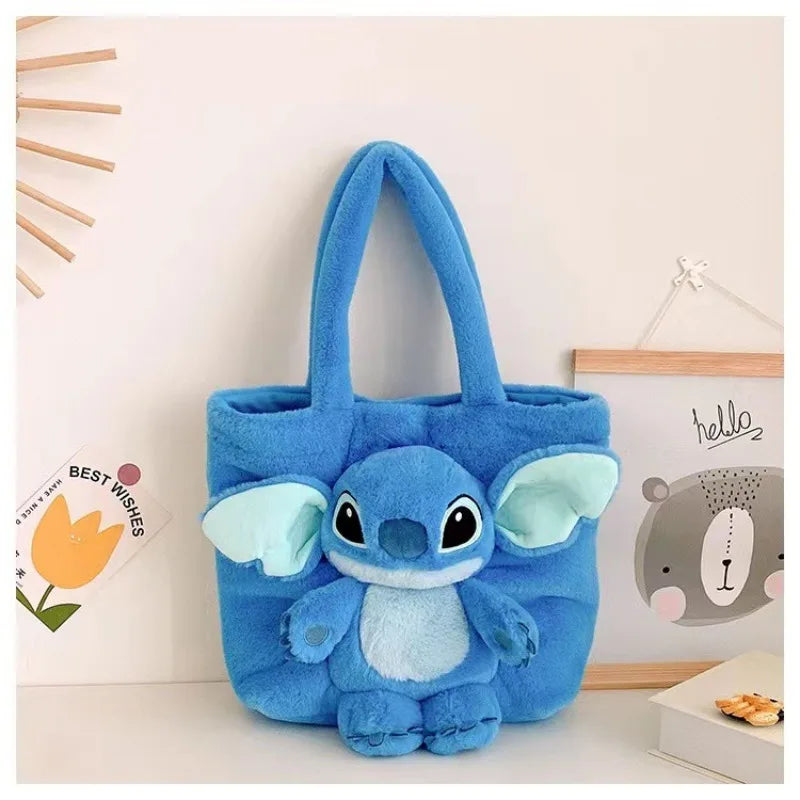 Disney 2024 New Cartoon Plush Doll Shoulder Bag Sweet and Cute Stitch Strawberry Bear Soft Cute Girls Handbag