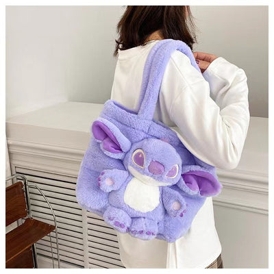 Disney 2024 New Cartoon Plush Doll Shoulder Bag Sweet and Cute Stitch Strawberry Bear Soft Cute Girls Handbag