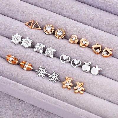 18pairs/set Gold Sliver Enamel Pearl Flower Heart Stud Earring Set For Women Plastic Butterfly Earrings Jewelry Gift Mix Style