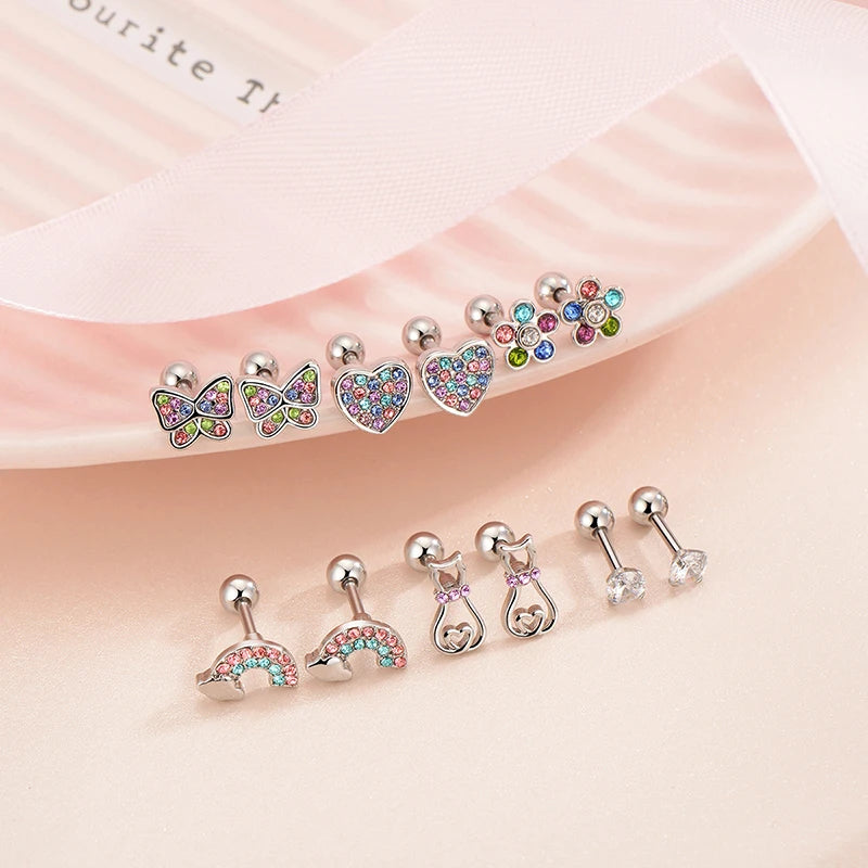 1/ 6 Pairs Hypoallergenic Screwback Earrings for Women Girls, 316L Stainless Steel Cute CZ Screw Back Earring Studs Set 20G