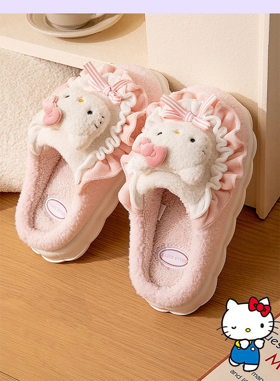 Sanrio Kawaii Cinnamoroll Womens Slippers Kuromi Hello Kitty Plush Cartoon Cute Sweet Suitable Indoor Outdoor Winter Slippers