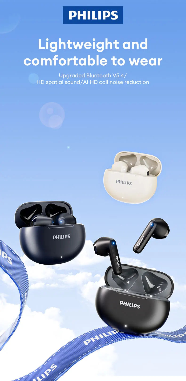 سماعات أذن TAT1199 اللاسلكية الأصلية من Philips بتقنية البلوتوث V5.4 مع خاصية إلغاء الضوضاء وسماعات الألعاب المقاومة للماء