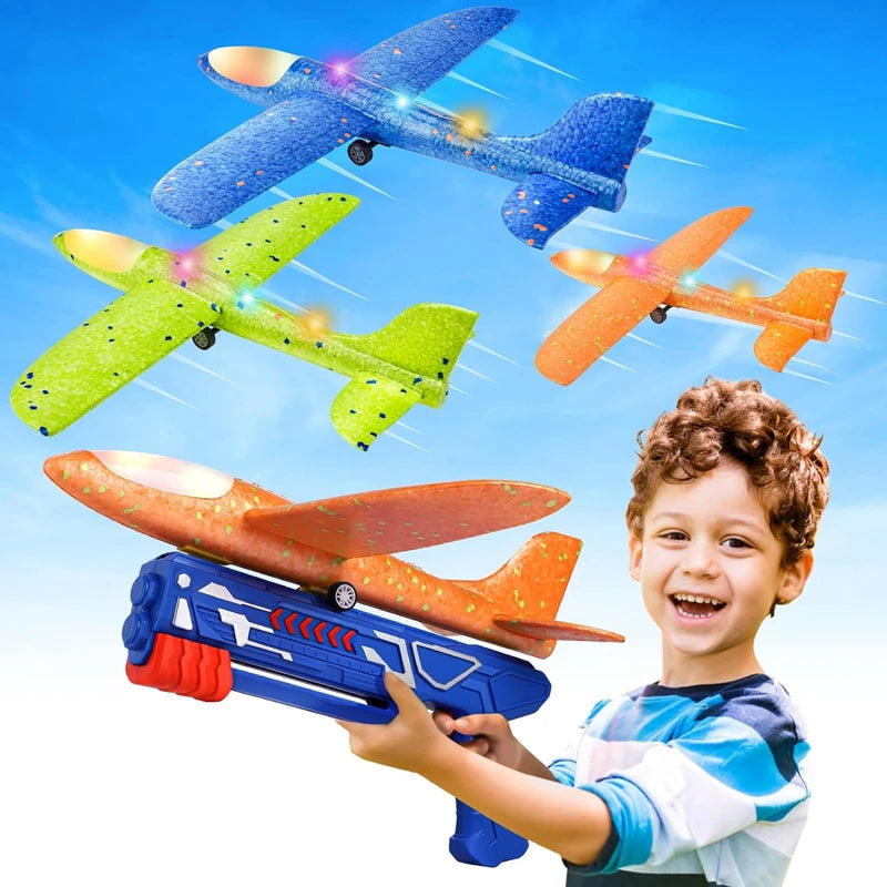 Kids Airplane Launcher Toys 12.2'' LED Foam Glider Catapult Gun Plane Toy for Boys Outdoor Flying Toys Birthday Gifts for Boys