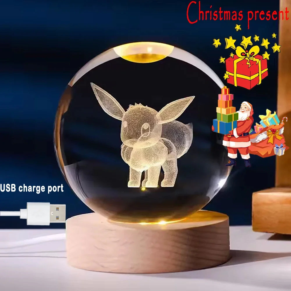 New 6cm 3D Crystal Ball Stitch Pokemon Wooden base with 6cm crystal ball Planet Night Light Laser Carving Christmas gifts