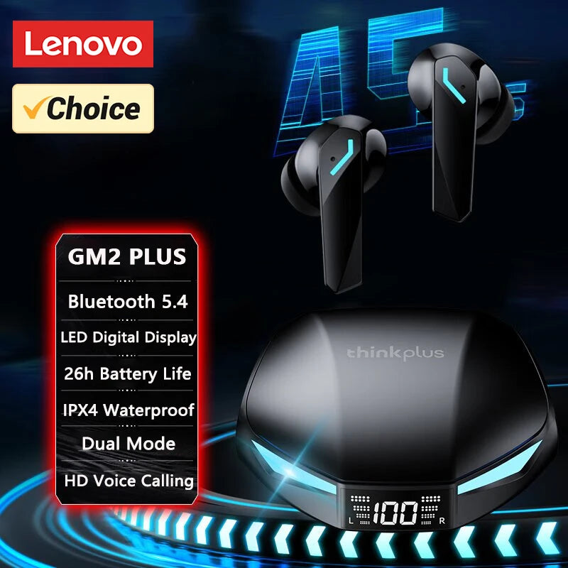 سماعات أذن لاسلكية جديدة من Lenovo GM2 PRO MAX مزودة بتقنية البلوتوث 5.4 وشاشة رقمية LED وسماعات أذن مقاومة للماء وسماعات ألعاب منخفضة الكمون