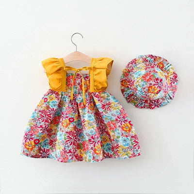 Summer New Girl Baby Strap Dress Fragmented Flower Children's Sleeveless Princess Dress 0-3 Year Old Newborn Comes with Hat