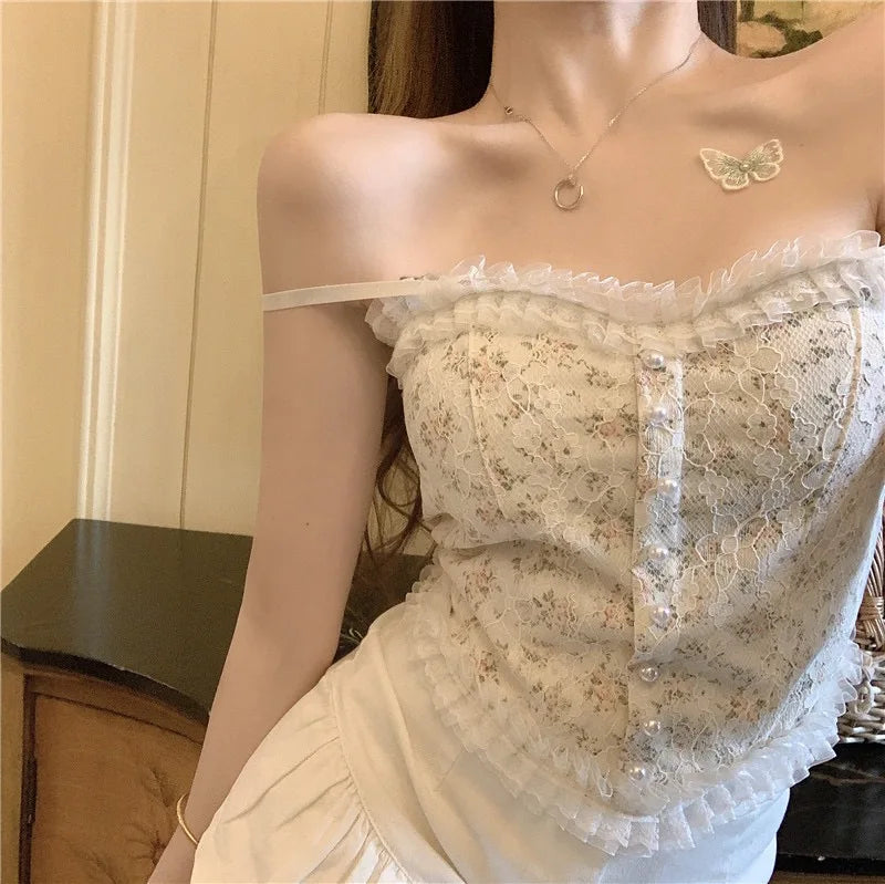 1PC Women's Camisole Summer French Lace Floral Ruffle No Steel Ring With Chest Pad Girl Bottoming Shirt Tank Top