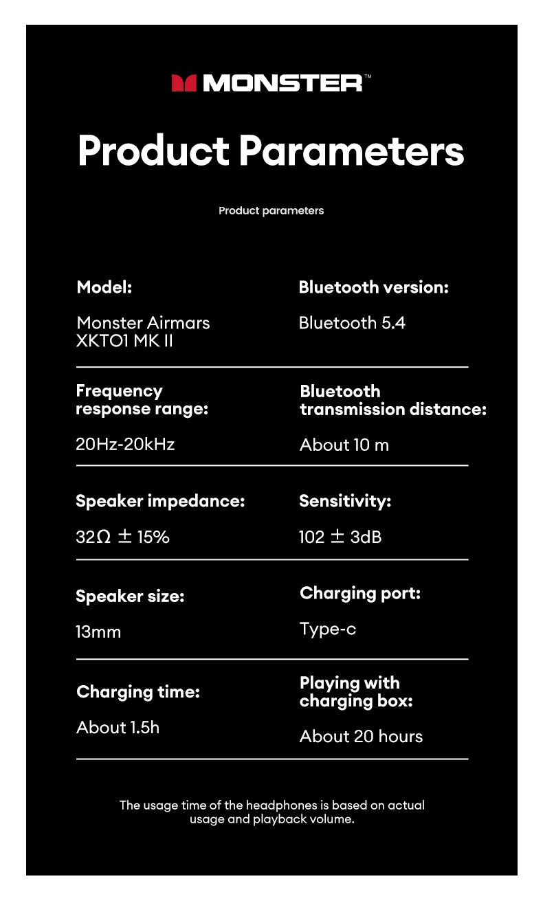 سماعات أذن Monster XKT01MK 2 اللاسلكية بتقنية البلوتوث V5.4 الأصلية من Choice مع ميكروفون عالي الدقة وسماعات أذن طويلة الأمد وسماعات أذن منخفضة الكمون