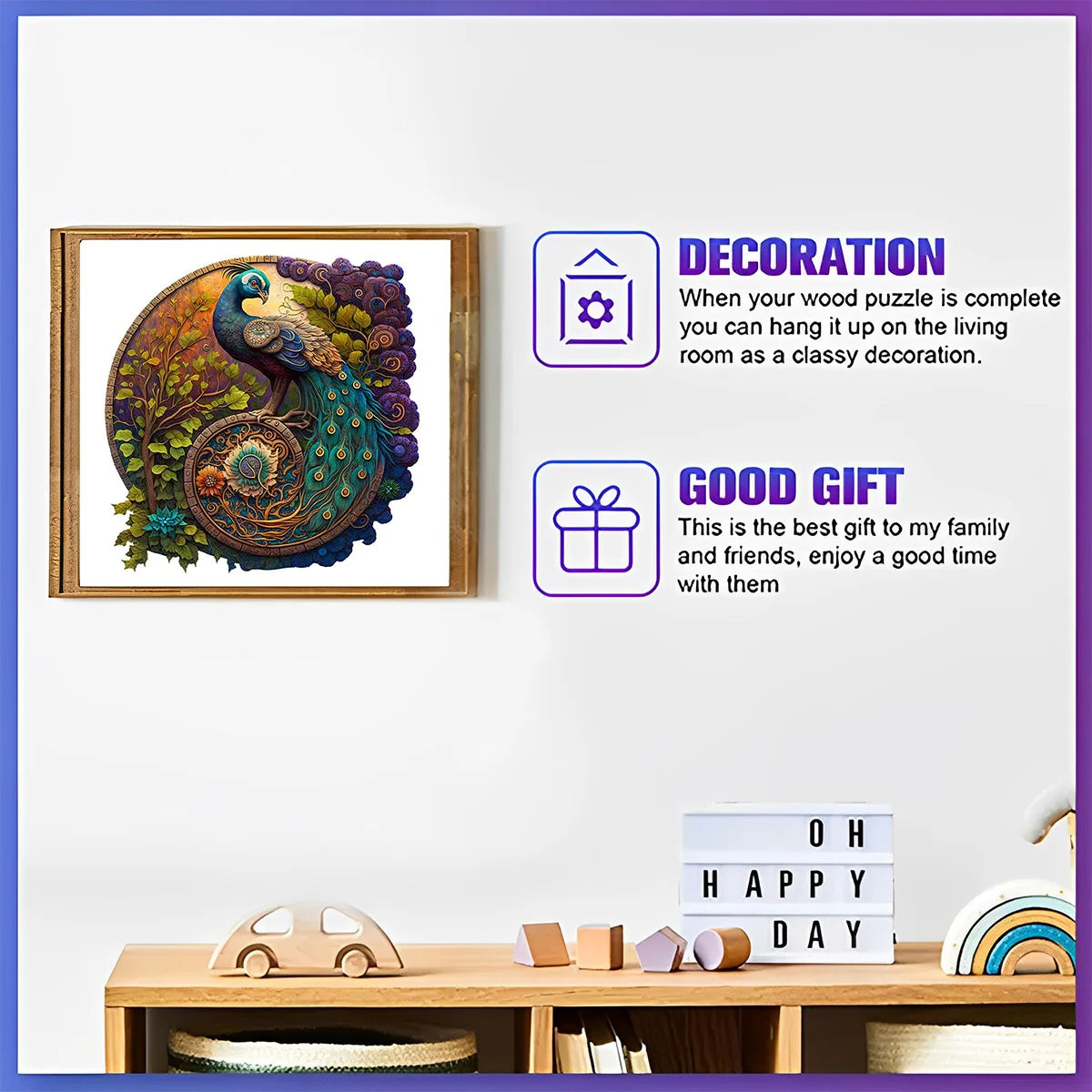 Unique Round Peacock Pattern Wooden Puzzle,Irregular Animal Shapes Jigsaw Puzzle,, The Gift for Halloween, Christmas, Birthday