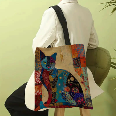 Ethnic Flower Cat Pattern Tote Bag, Aesthetic Canvas School Shoulder Bag, Lightweight Grocery Shopping Bag