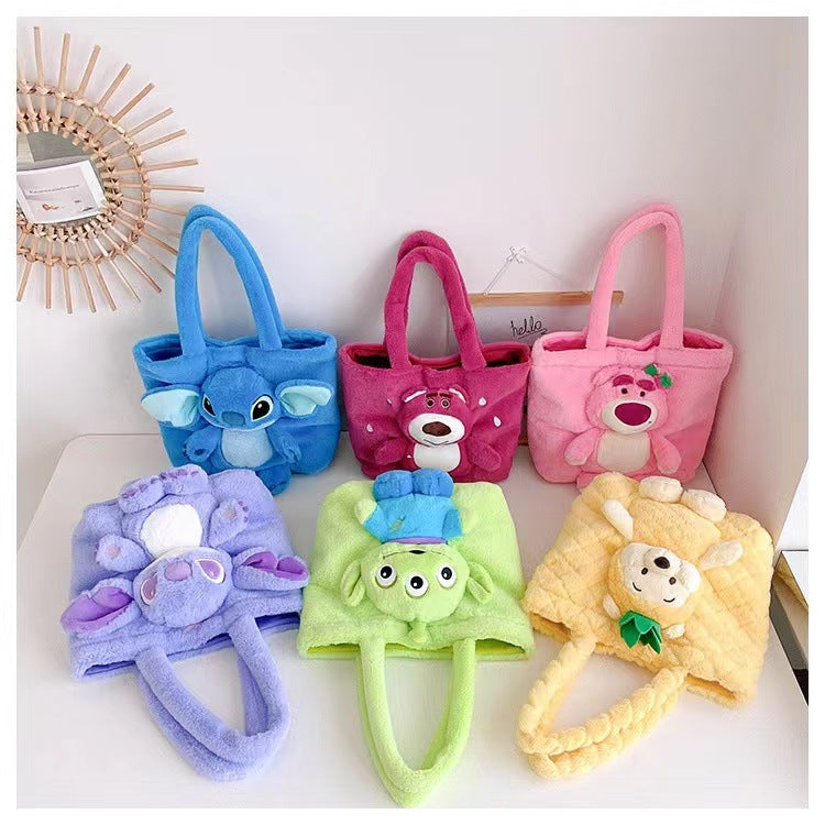 Disney 2024 New Cartoon Plush Doll Shoulder Bag Sweet and Cute Stitch Strawberry Bear Soft Cute Girls Handbag