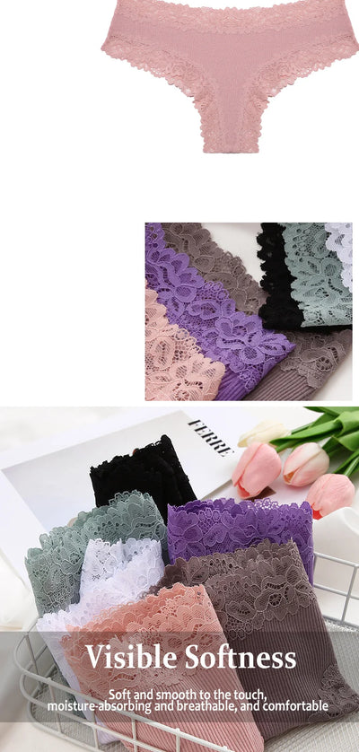 3PCS Lace Seamless Cotton Panties Ribbed Brazilian Pants Low Waist Women Panties Breathable Girls Underwear Plus Size Lingerie