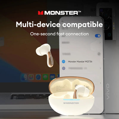 سماعات Monster MQT36 TWS اللاسلكية الجديدة بتقنية البلوتوث V5.4 مع عمر بطارية طويل للغاية وسماعات أذن للألعاب بصوت عالي الدقة وسماعة رياضية مع ميكروفون