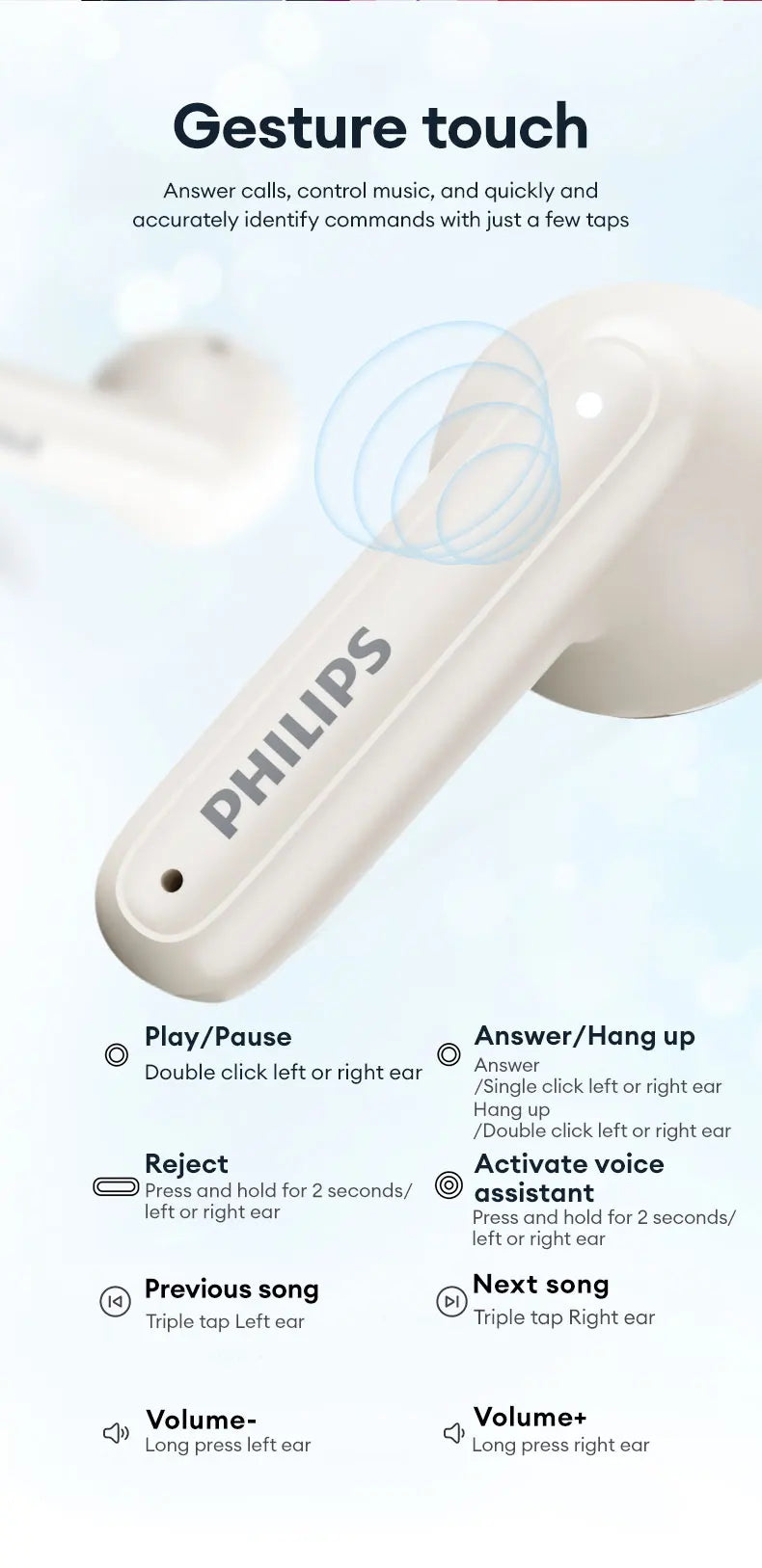 سماعات أذن TAT1199 اللاسلكية الأصلية من Philips بتقنية البلوتوث V5.4 مع خاصية إلغاء الضوضاء وسماعات الألعاب المقاومة للماء