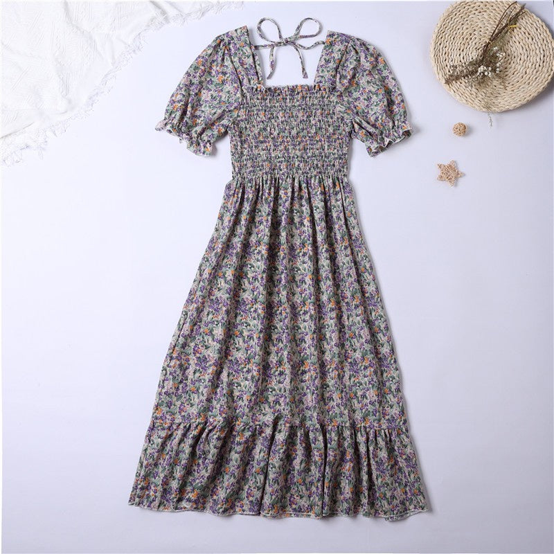 Summer Pleated Women Chiffon Dresses Casual Beach Holiday Short Sleeve Square Collar Woman Midi Dress Bohemian Mujer Vestidos