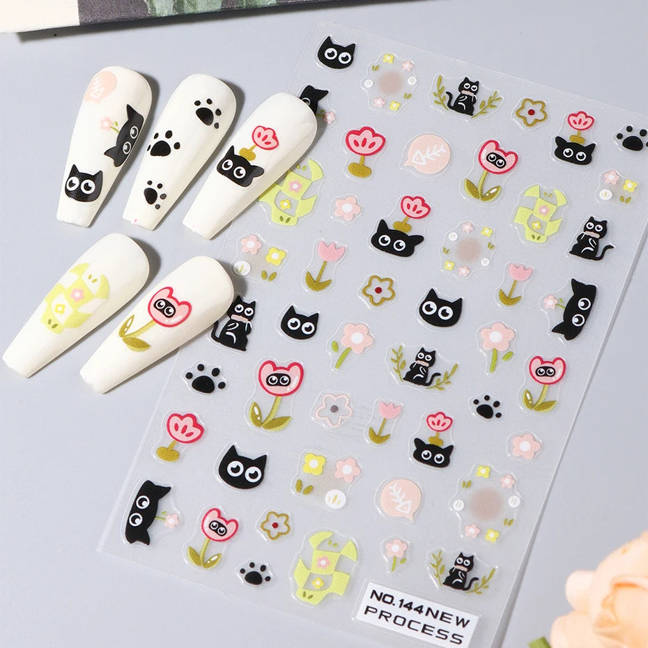 2pcs Black Cat Nail Stickers 3D Cute Cartoon Animal 3D Self-Adhesive Nail Art Decals Sliders Decorations Manicure Accessories