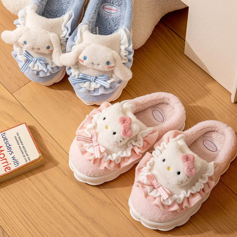 Sanrio Kawaii Cinnamoroll Womens Slippers Kuromi Hello Kitty Plush Cartoon Cute Sweet Suitable Indoor Outdoor Winter Slippers