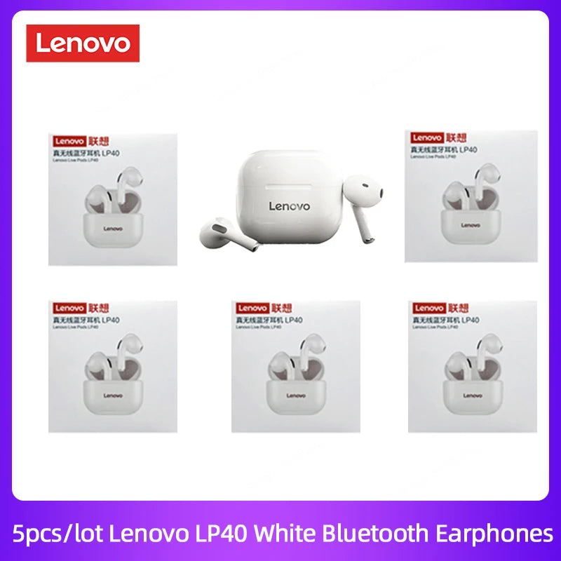 Lenovo Original LP40 TWS 5Pcs 10pcs Earphone Bluetooth Wireless 5.0 Dual Stereo Noise Reduction Bass Touch Control Wholesale