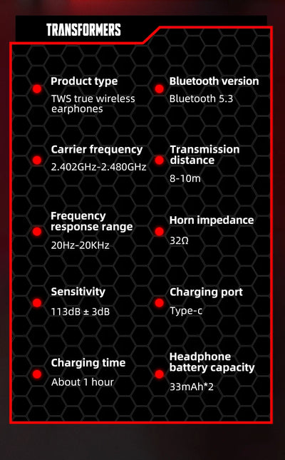 Transformers TF-T02 New TWS Wireless Bluetooth V5.3 Earphones Gaming Music Dual Mode Headset HiFi Sound Low Latency Headphones