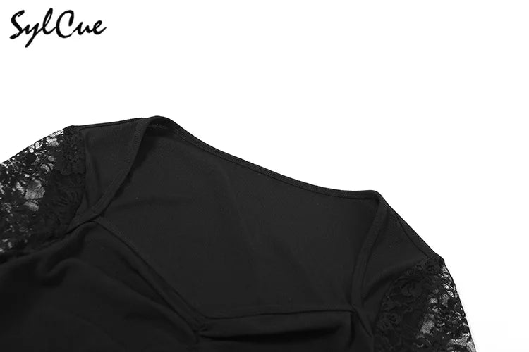 Nibber Black Mysterious Sexy Lace Stitching Mature Fishbone Beautiful Sweet Gentle Women'S Winter Long Sleeve Hip Short Dress